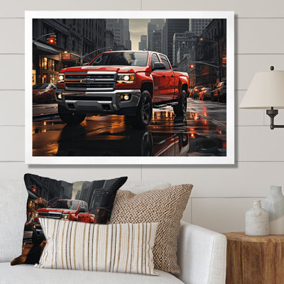 Red Pickup Truck Cityscape Hauler II - Transportation Canvas Art Print