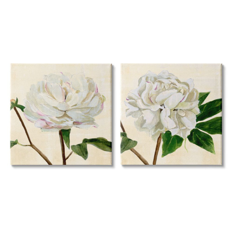 Ensemble de pivoines blanches avec pétales roses et fleurs charmantes par Annie Warren-ensemble de 2 reproductions d’art graphique