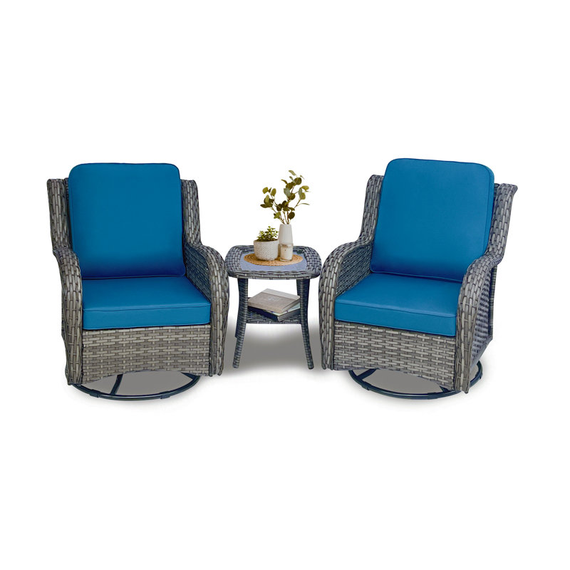 Ensemble de conversation 3 pièces en rotin PE pour terrasse, ensemble de 2 fauteuils coulissants pivotants à 360 ° avec table d'appoint, chaises berçantes ergonomiques à haut dossier avec coussins en oléfine résistants aux taches de 4 po d'épaisseur