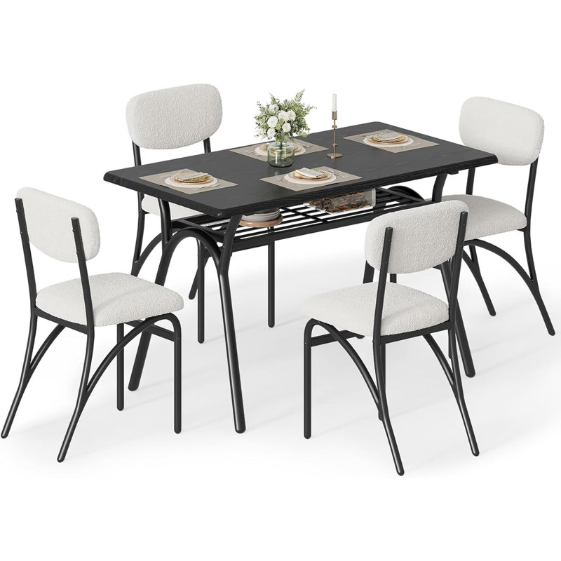 Ensemble de table de salle à manger pour 4 tables de cuisine avec chaises Boucle pour 4 tables de salle à manger rectangulaires modernes avec support de rangement pour petit fauteuil beige et noir