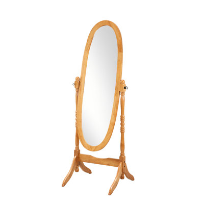 Traditional Decorative Wood Floor Mirror, Oak Finish. Tiltable For Body View. Elongated Oval Glass Mirror With Solid Frame. Freestanding And Stable. 22.5W X 16D 59.69H Inches Beautiful Oak. Complete