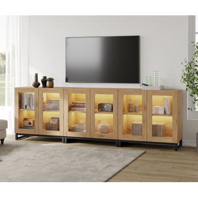 Aadam Modern TV Stand With Glass Doors For 110 Inch Tvs, 3 In 1 Entertainment Center Console With Adjustable Shelves And Metal Base For Living Room, Bedroom