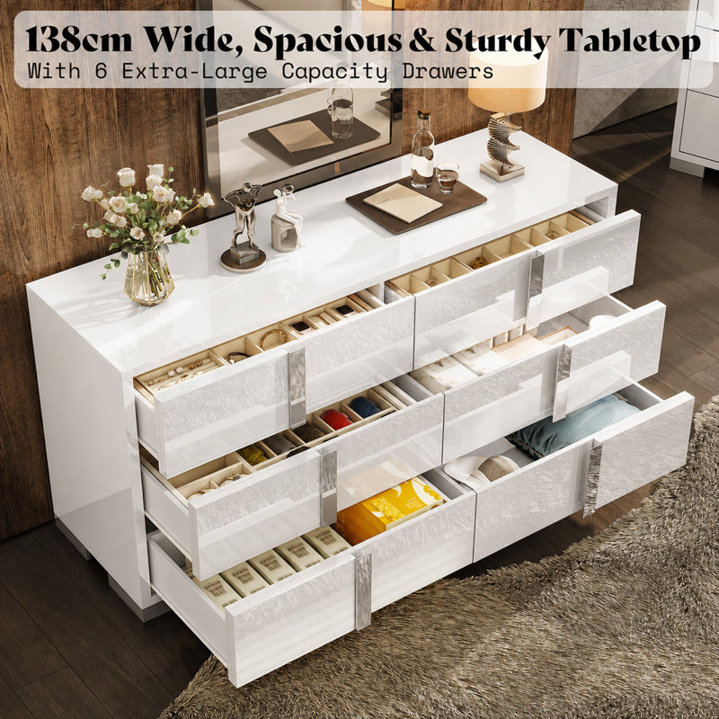 Modern High-Gloss 6-Drawer Double Dresser, White
