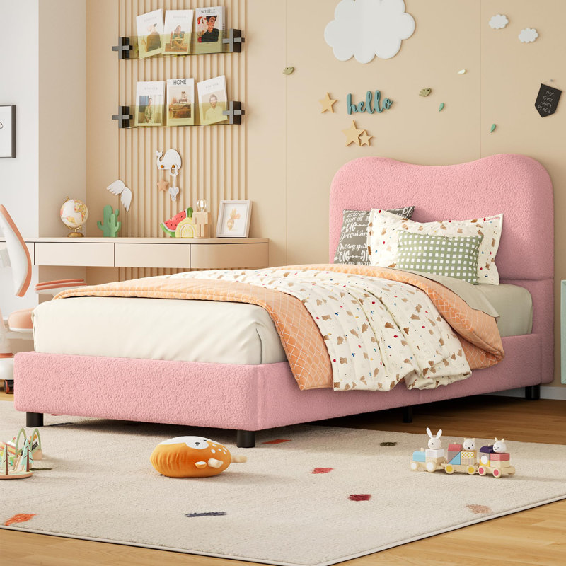 Twin Kids Bed Frame with Upholstered Boucle Headboard, Soft Low Profile Platform for Girls & Boys, Pink