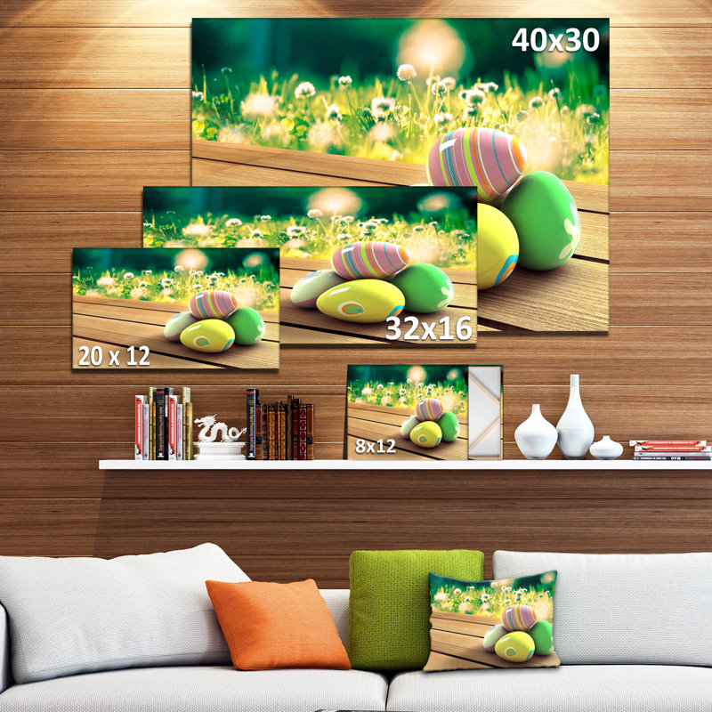 Œufs de Pâques jaunes et verts - impression sur toile tendue, H 16 po x l 32 po x P 1 po
