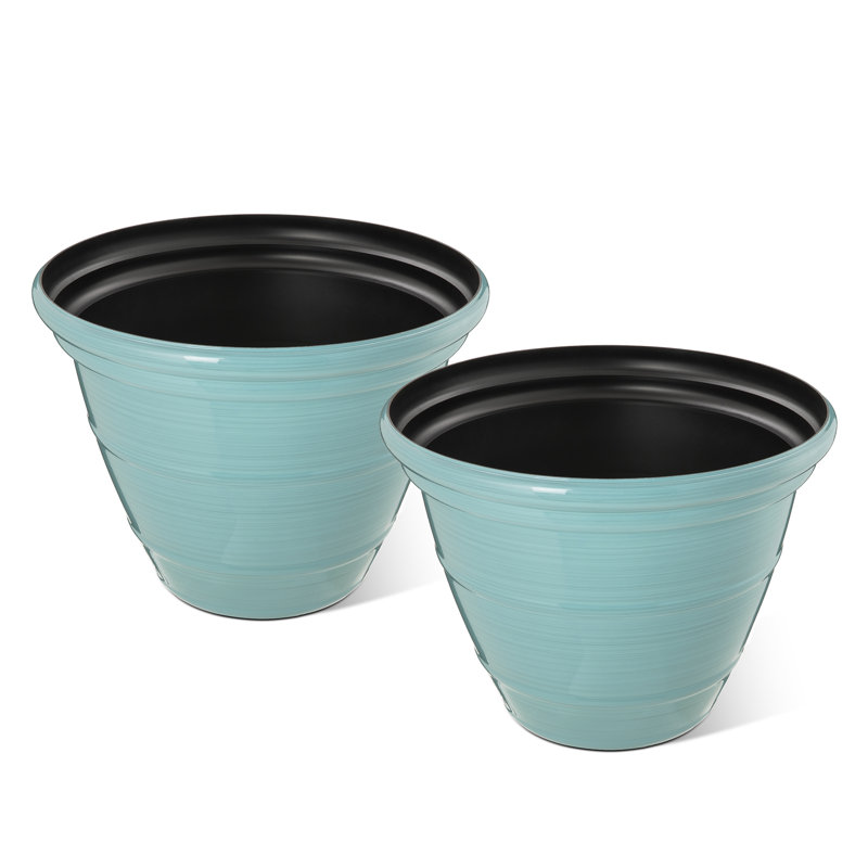 19.5"D Set Of 2 Round Turquoise Faux Ceramic Pot Plastic Planter, 15" H x 19.5" W x 19.5" D, Turquoise
