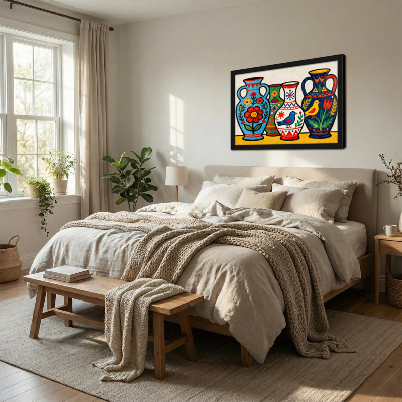 Vases colorés à la mode avec motifs floraux et oiseaux, H 12 po x l 18 po