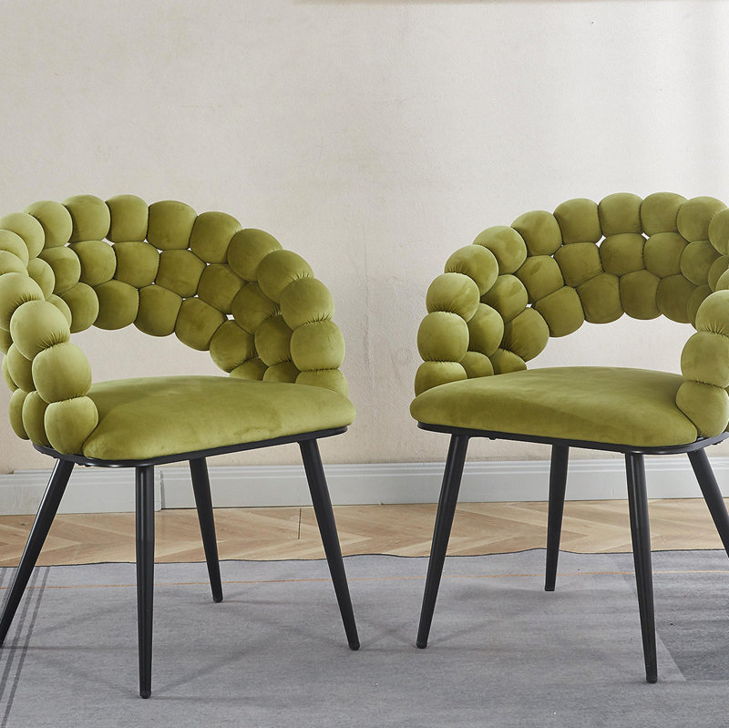 Chaise verte moderne (ensemble de 2) avec pieds en tube de fer de couleur dorée, coussins moelleux et dossier confortable, convenant à la salle à manger, au salon, au café et au dossier en boule de poils