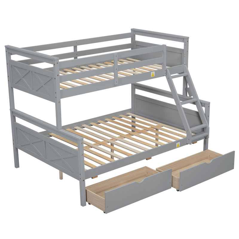 Lit superposé pratique avec échelle, deux tiroirs de rangement et barrière de sécurité pour une utilisation optimale de l'espace et un sommeil confortable
