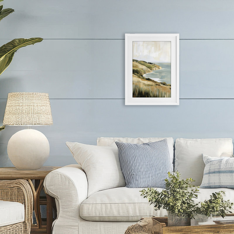 «Serene Cliff Coast Landscape», reproduction d'art sous verre encadrée par Petal Prints Design, 20 x 14