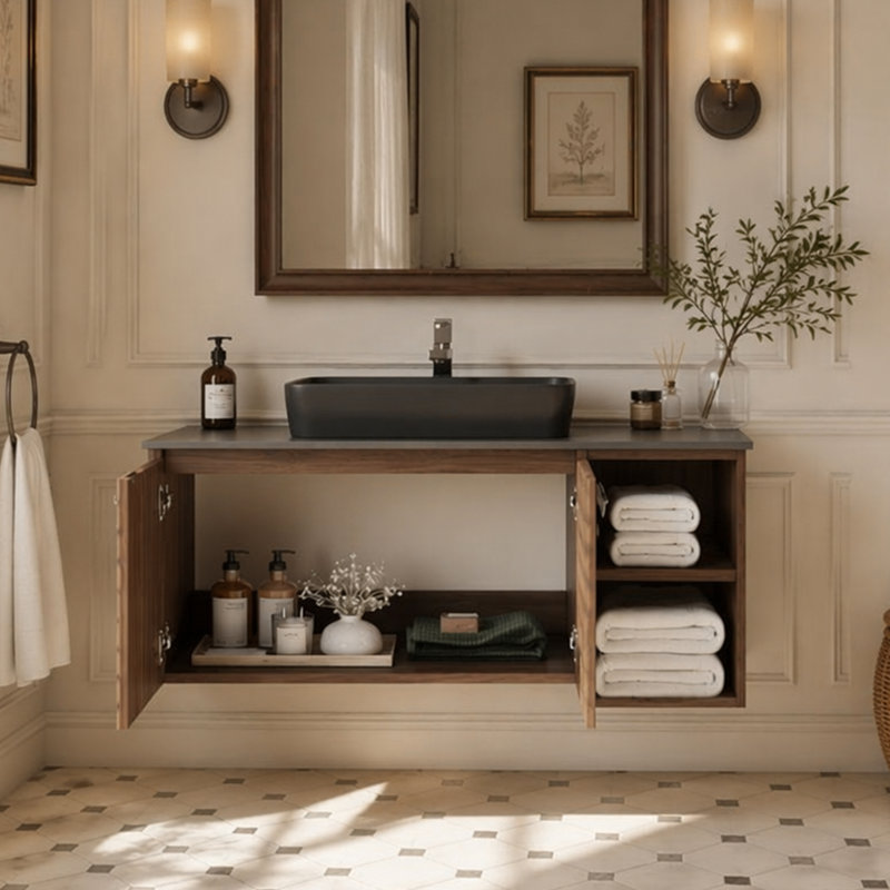 Meuble-lavabo mural brun noyer 36 po, armoire flottante moderne Mid-Century avec portes à lattes cannelées, comptoir en pierre frittée noire et vasque en céramique noire