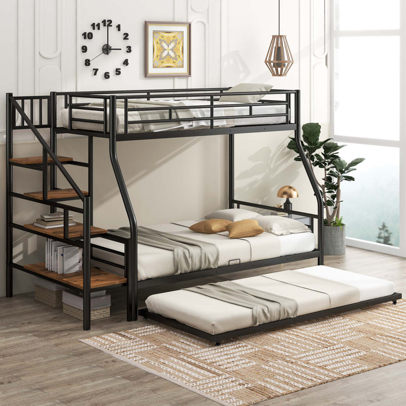 Lit superposé en métal avec lit gigogne et escalier de rangement, conception compacte et durable pour les chambres modernes