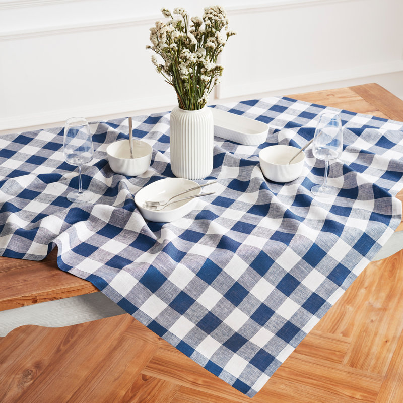 Fete - 100% Pure Linen Table Throw, Blue/White, Striped