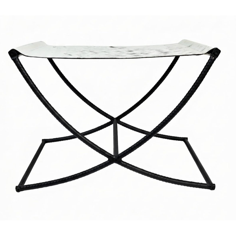 Modern Hair-on-Hide Real Cowhide Sling Accent Stool with Metal Frame, Black/White Black Frame