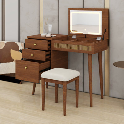 Stylish Retro Bohemian Dressing Table, Vanity Desk with LED Mirror, Flip-Top Design & 3 Drawers 10 Storage Compartments