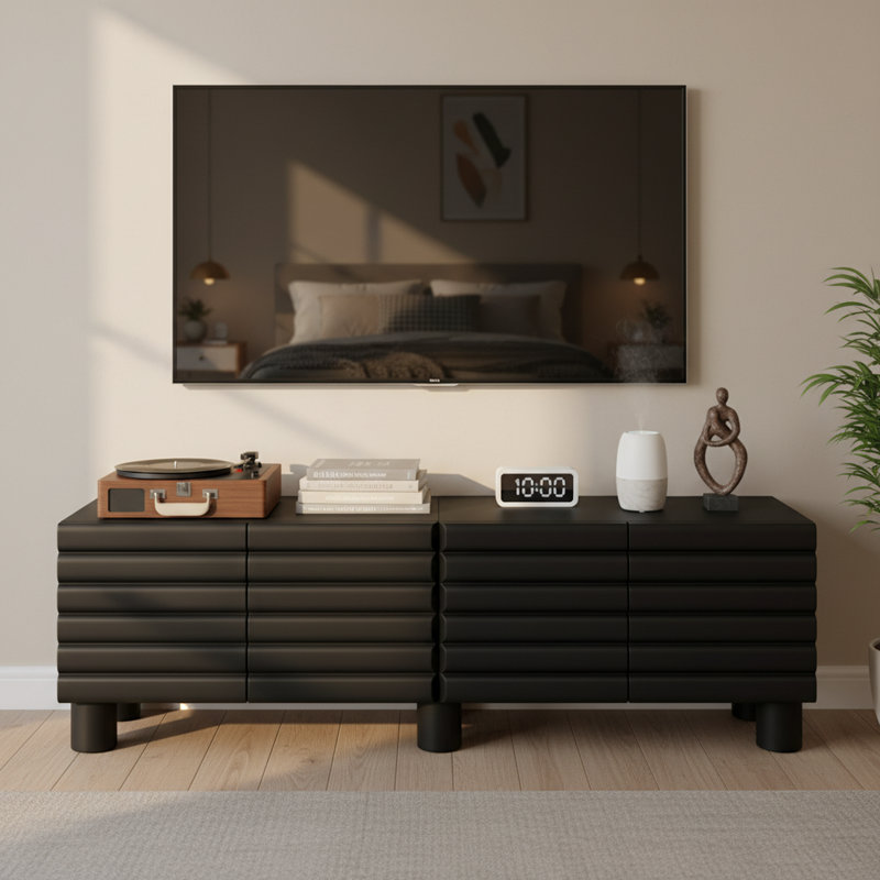 Modern Black Wavy-Door Media Storage Console with Adjustable Shelves & Cylindrical Legs, Fits TVs up to 75", Black