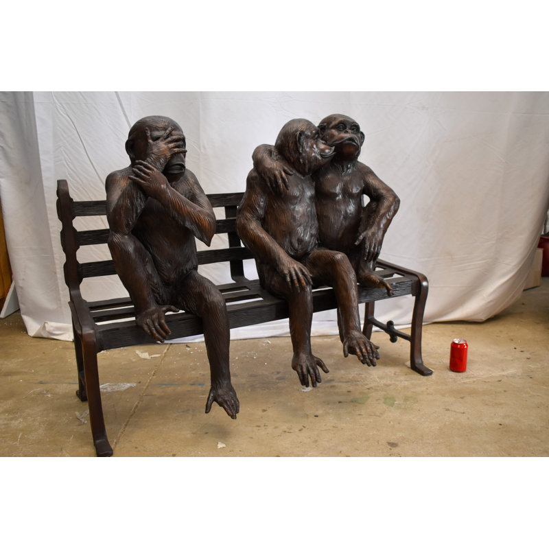 Statue de trois singes émotifs sur un banc en bronze de 57 po x 20 po x H 43 po