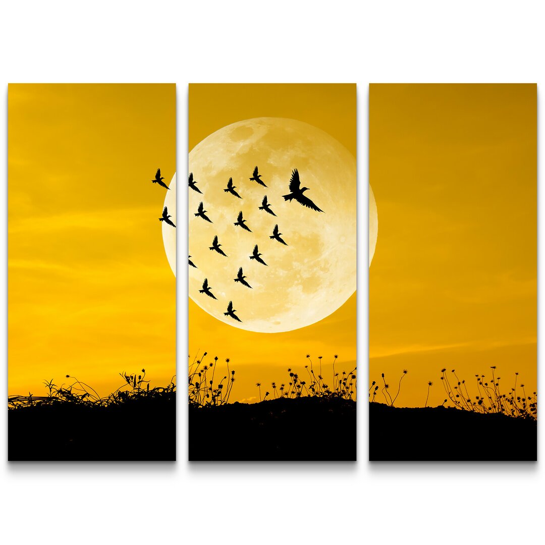 3-tlg. Leinwandbilder-Set Großer Vollmond mit Vogelsilhouetten