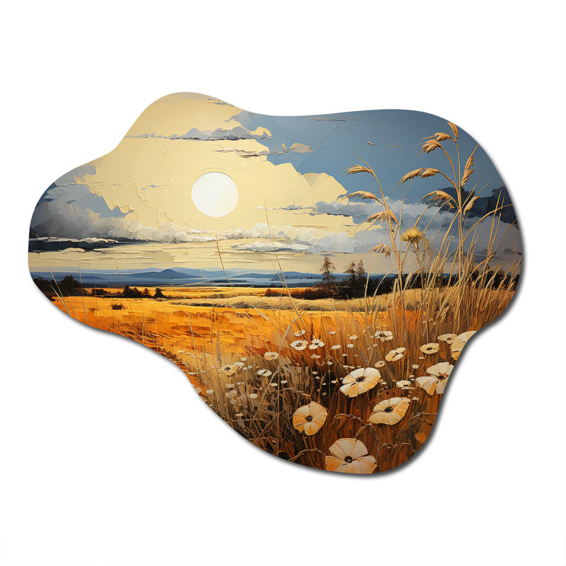 «Yellow Blue Prairies Whispers Patchwork II», art mural prairies asymétriques, reproduction de sculpture murale en métal