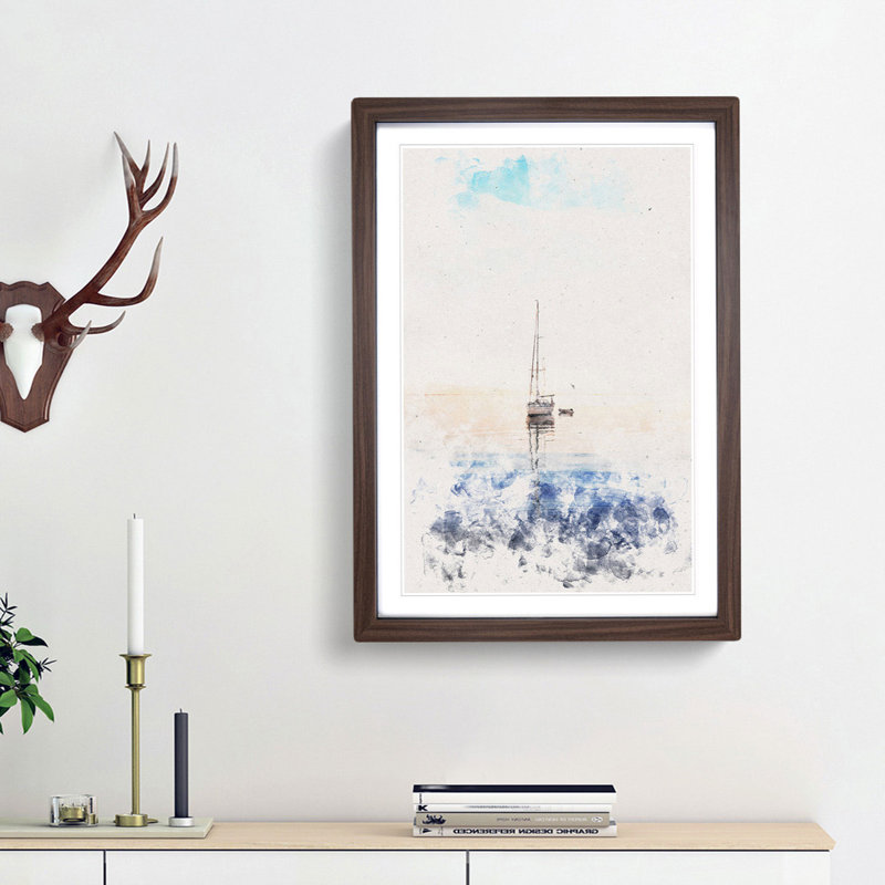 Lone Sailboat - Picture Frame Painting Print, 33cm H x 24cm W x 2cm D, Walnut Framed
