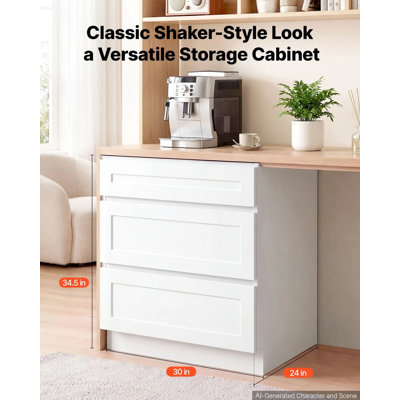 Meuble bas blanc de style Shaker, à monter soi-même, 76 cm de largeur (non assemblé), dimensions : 76 cm (L) x 61 cm (P) x 88 cm (H), avec 3 tiroirs, fermeture amortie et chants plaqués. Parfait pour la maison, le bureau et la buanderie.