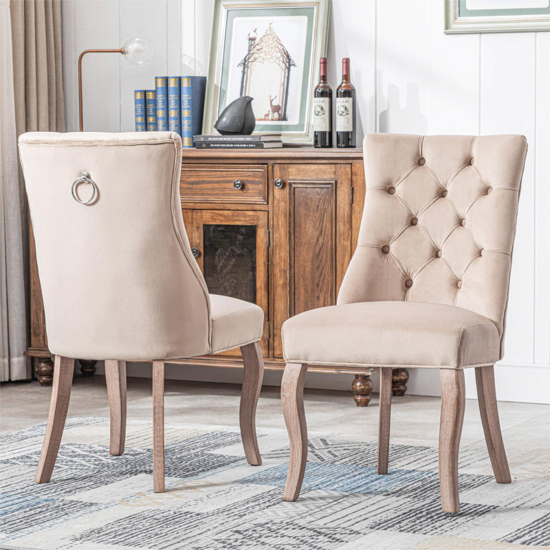 Silsden 52cm H Velvet Upholstered Side Chair, Beige, Natural Wood