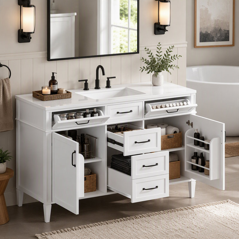Meuble-lavabo autoportant de 122 cm (48 po) avec lavabo composite, 4 tiroirs, 2 portes et étagères réglables, Blanc