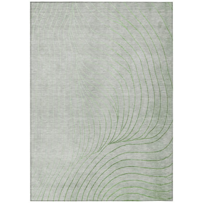 5' X 8' Artichoke Green And Silver Abstract Washable Indoor Outdoor Area Rug