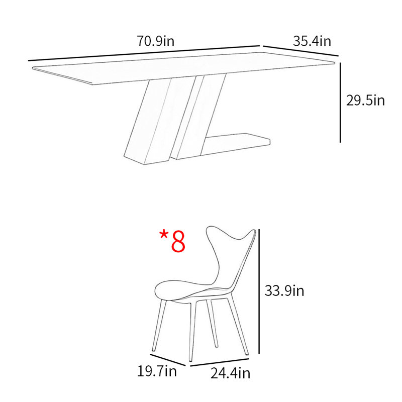 Minimalist modern rectangular dining table sets, 29.5"H x 70.9"L x 35.4"W