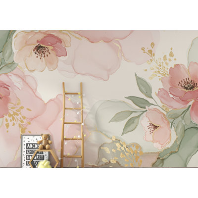 Papier peint floral aquarelle inspiré de la soie - Design de jardin panoramique ultra-haut de gamme en rose doux, sauge et champagne 276DRE
