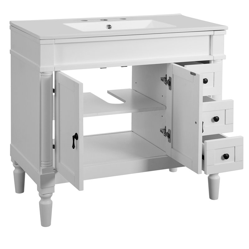 Meuble-lavabo 36 po avec lavabo en céramique, tiroirs standard, portes à fermeture douce, tablettes réglables, armoire de rangement moderne pour petites et moyennes salles de bain