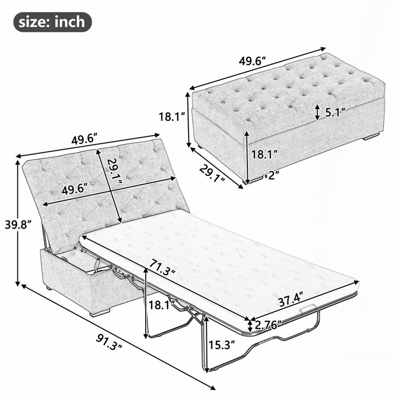 49.6" Ottoman with a Folding Sofa Bed, Convertible Ottoman Sleeper with Memory Mattress and Tufted Design for Living Room