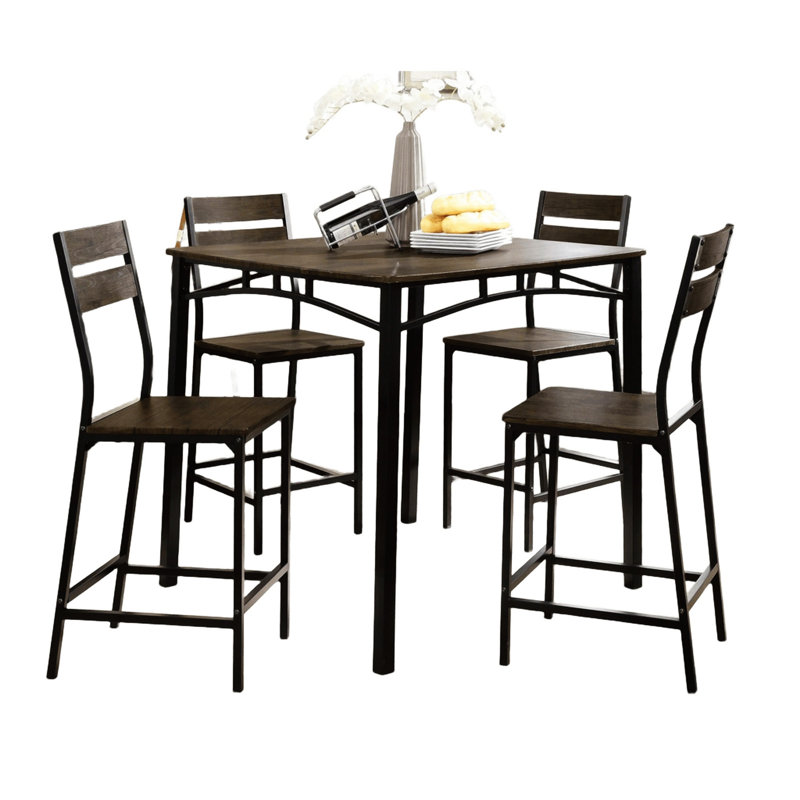 Black Metal Frame Counter Height Dining 5Pc Set Wooden Set Table Top Counter Height Dining Table 4X High Chairs Dining Room