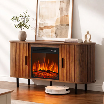 Meuble télé 55 po pour téléviseur pour téléviseur de 65 po ou moins avec foyer électrique de 18 po et console incurvée avec portes coulissantes pour le salon