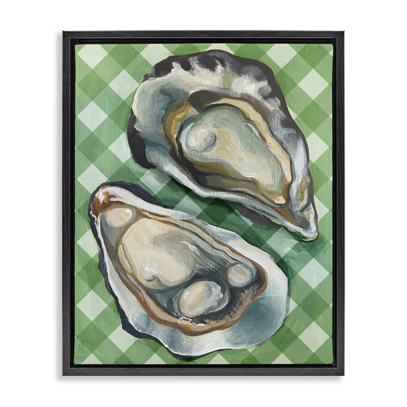  «Oysters on Green Plaid», art mural sur toile par Daphne Polselli, Cadre flottant noir de jais, H 31 po x l 25 po