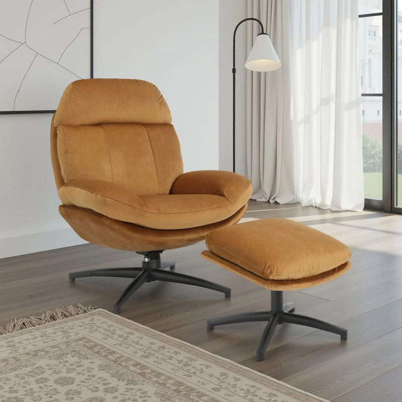 Velvet Swivel Accent Chair with Footstool, Tan