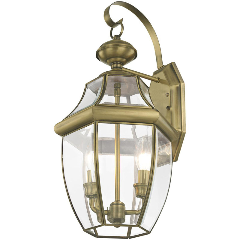10.5in 2-Light Outdoor Wall Lantern Pendant Fixture with Clear Beveled Glass Shade, Antique Brass