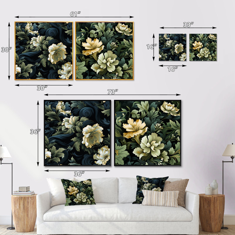 Dimitri - Ensemble de 2 collages carrés floraux, H 16 po x l 33 po, Cadre flottant blanc