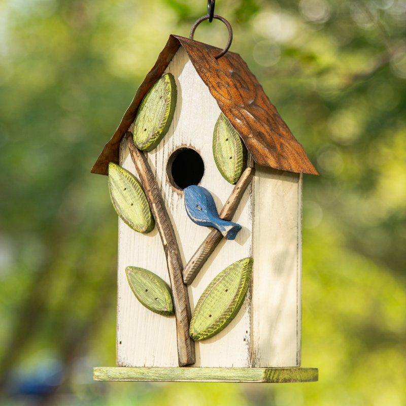 Maison d'oiseaux de jardin d'extérieur en bois massif avec arbre 3D Strader, Blanc