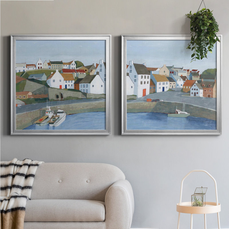 Ensemble de 2 cadres photo Old Coast Town I Old Coast Town I, H 34,5 po x l 69 po x P 1,5 po, Toile avec cadre argenté