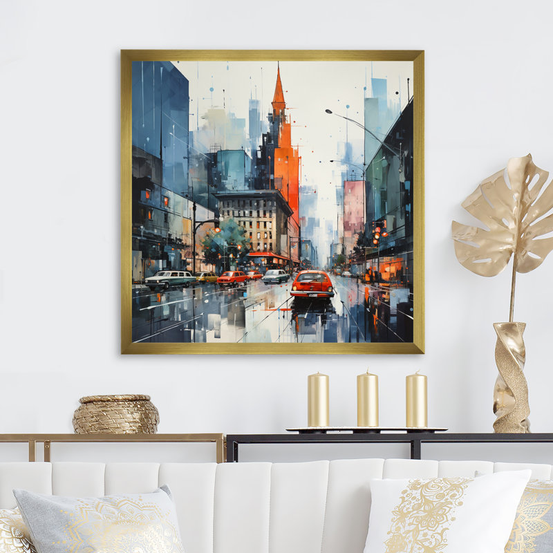 Ameela bleu gris Mid Century Mid-Century Metropolis I - Art abstrait Mid-Century, H 30 po x l 30 po x P 1 po