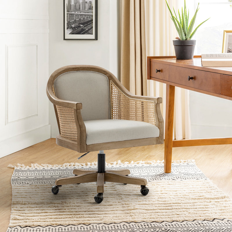 Xaver Swivel Barrel Task Chair with Rattan Arms, Linen