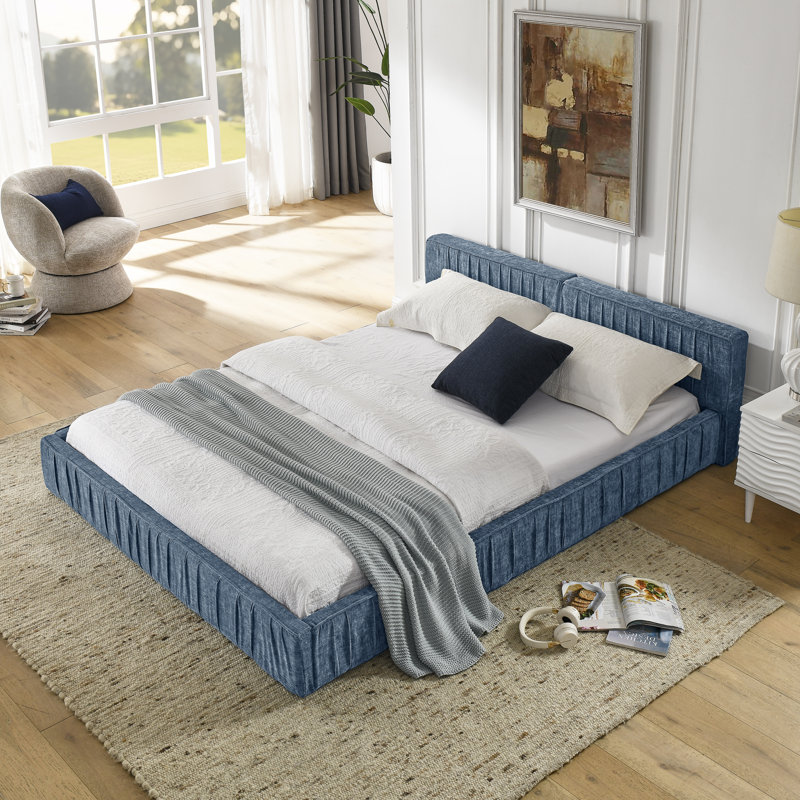 Queen Size Upholstered Bed Frame, Dark Blue