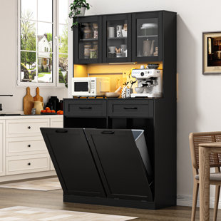 72" Tall Kitchen Trash Can Cabinet With Sensor Light And Power Outlet, 2X13 Gallon Double Garbage Can Hutch Cabinet With Storage Drawers