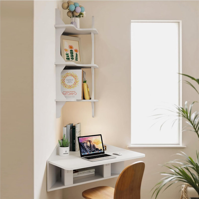 Ensemble de bureau de coin et tablettes pliables murales blanc, Blanc