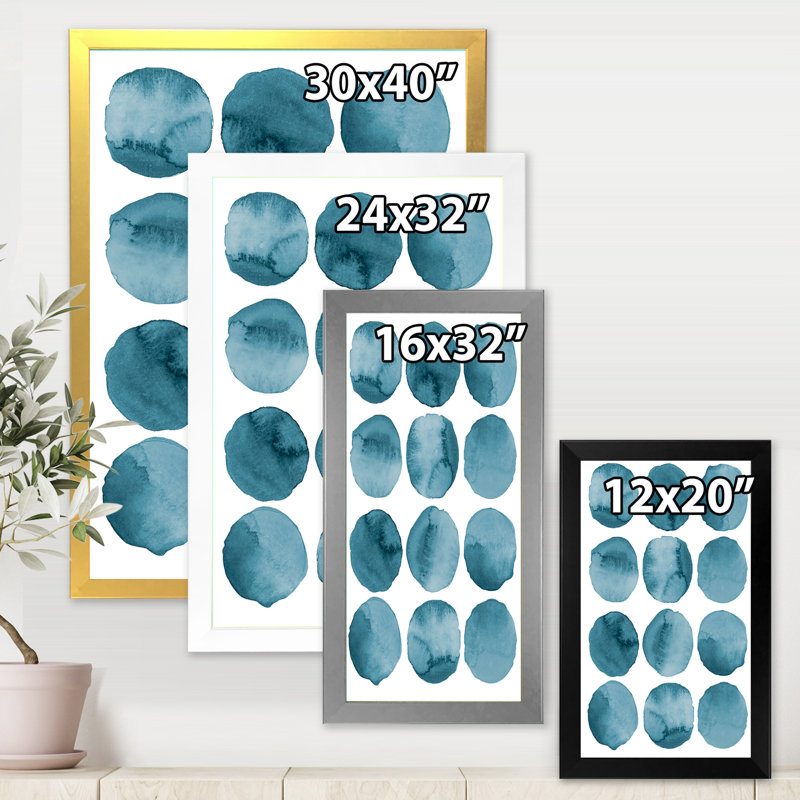 Aquamarine Circles Geometric Elements - Reproduction de photo sur toile, H 32 po x l 16 po x P 1 po, Encadrement argenté
