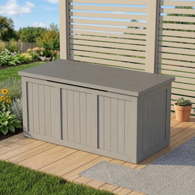 Coffre de terrasse en bois massif de 67 gallons fabriqué en bois massif, servant de boîte de rangement et offrant une surface de siège et de table pour les coussins de meubles de patio, les jouets de piscine et les outils de jardin