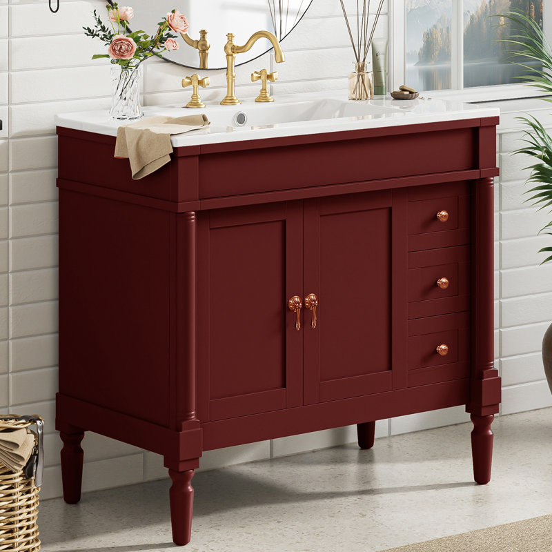 Exquisite 36" Bathroom Vanity With Ceramic Top, Gold, Red
