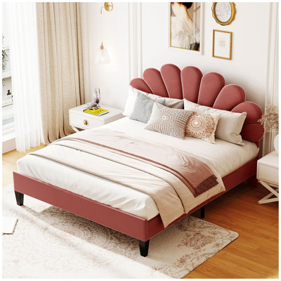 Upholstered Platform Bed with Flower Pattern Velvet Headboard