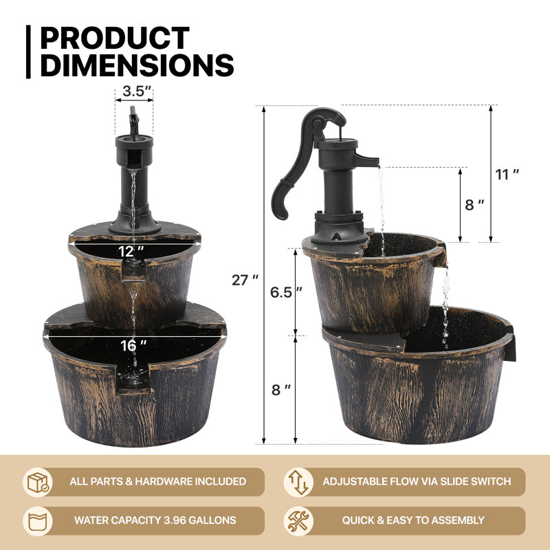 Outdoor Water Fountain, 2-Tier Barrel Cascading Waterfall Fountain Garden Decor with Electric Pump, Brown